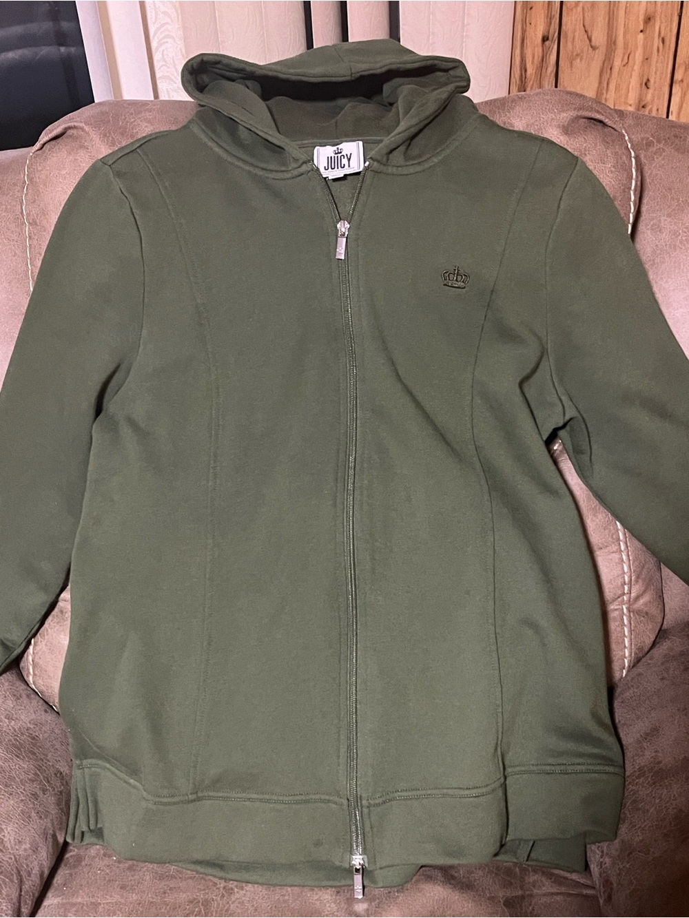 Juicy Couture Women’s Olive Green Full-Zip Hoodie with Crown Emblem.  XL P2P 21”